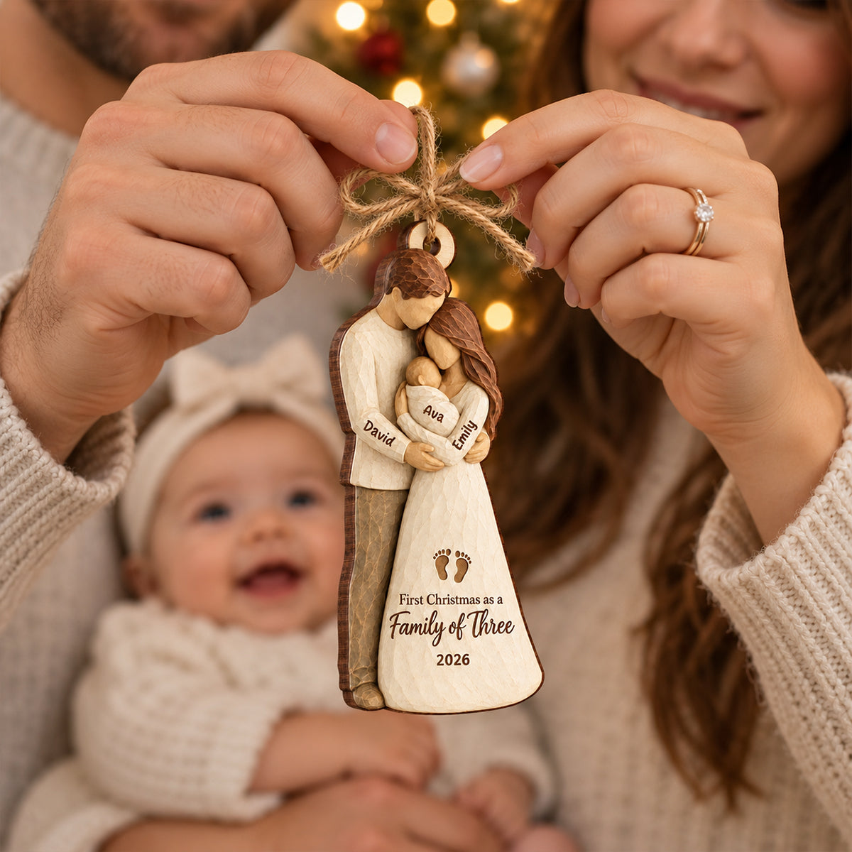 Family Of Three Standing 2D Flat Printed - Personalized Wooden Ornament - First Christmas Keepsake For New Parents