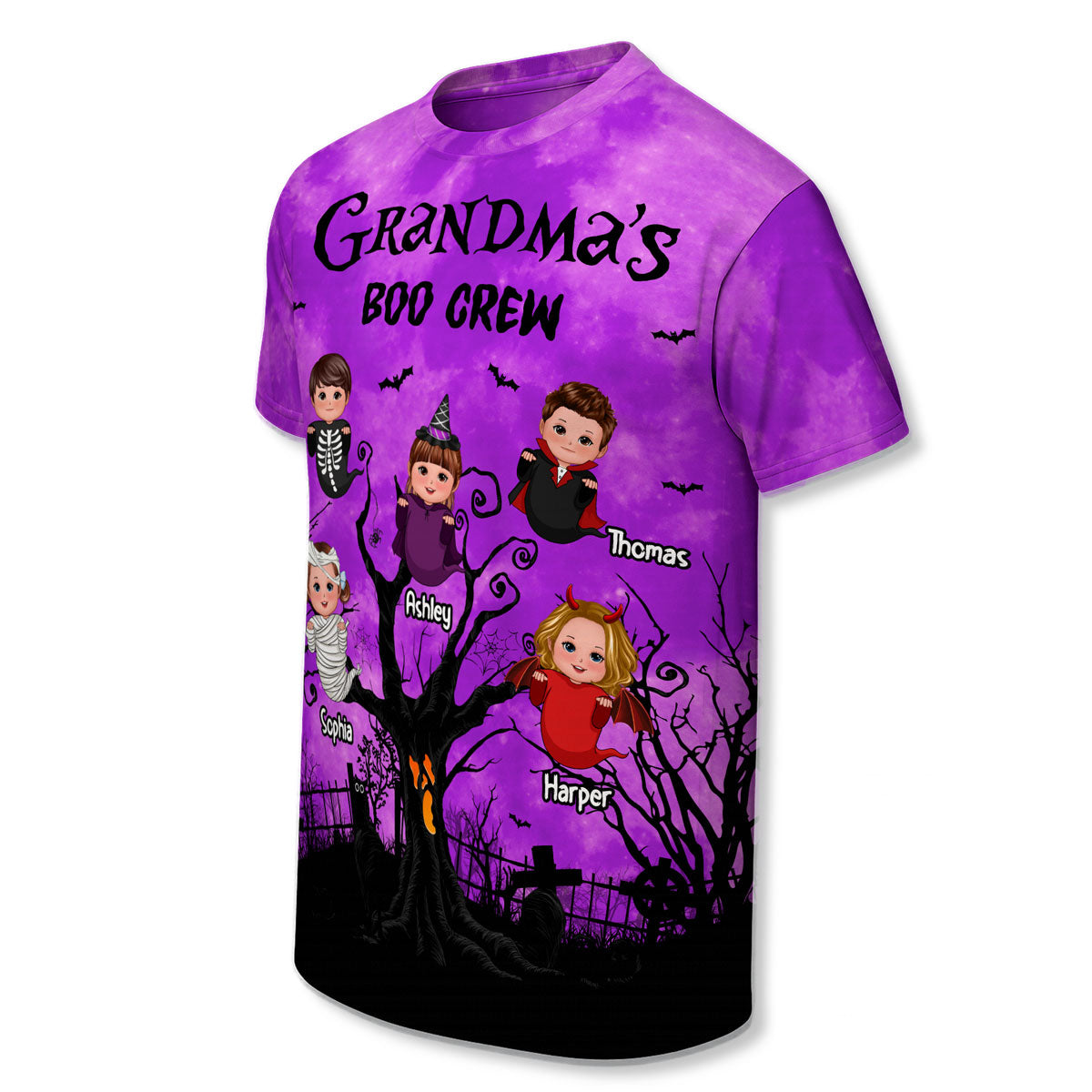 Grandma's Boo Crew Moon Bat Tree Theme Personalized Shirt, Perfect Halloween Costume for Grandma