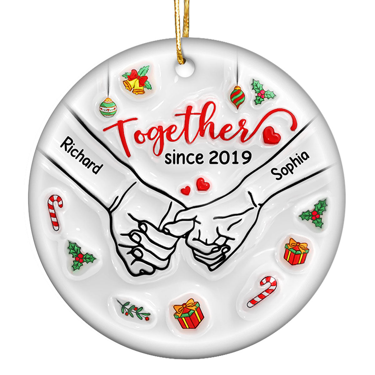 3D Inflated Couple Holding Hands Personalized Ceramic Ornament, Christmas Gift For Him, For Her