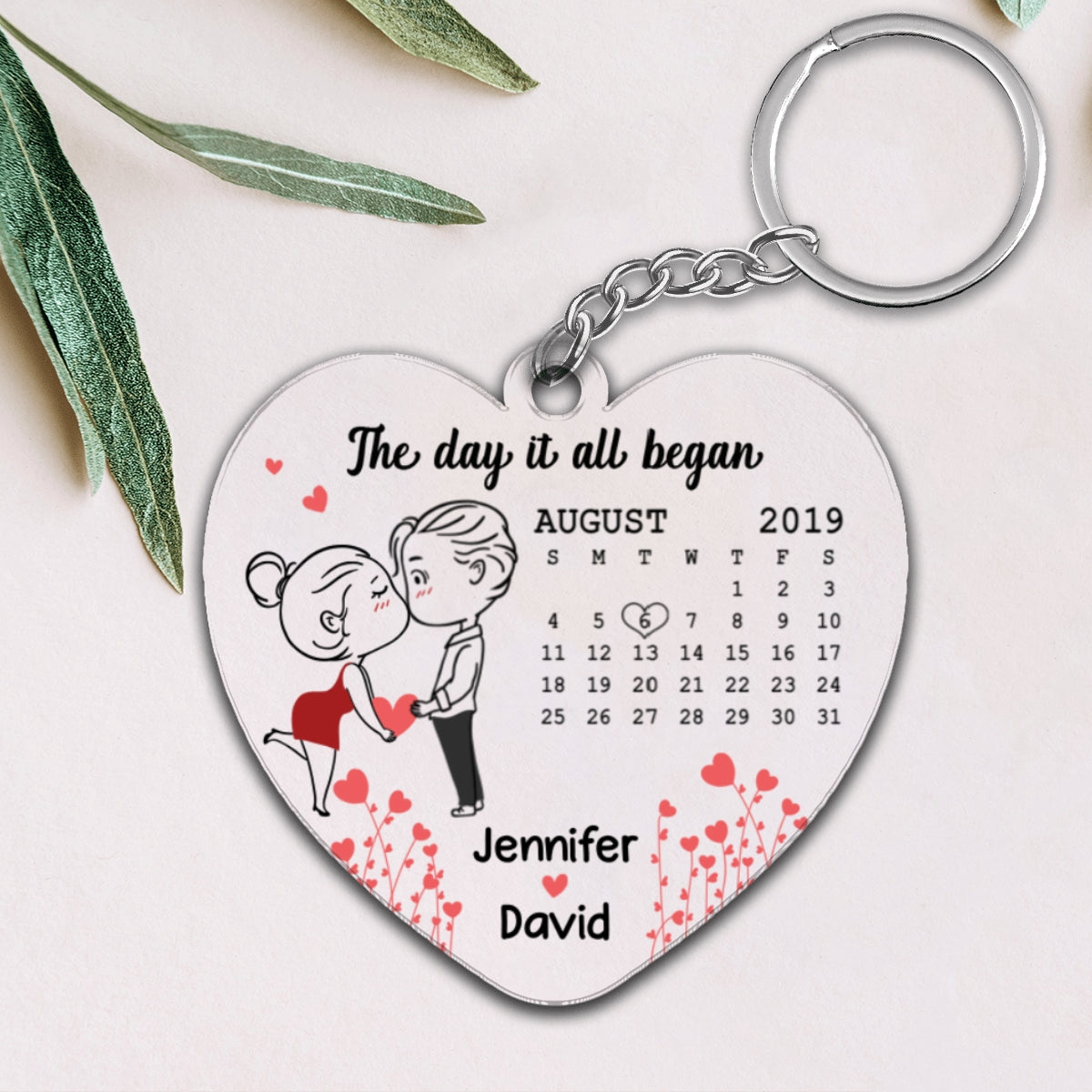 Kissing Chibi Outline Couple Calendar Personalized Acrylic Key Chain - Gift For Him Gift For Her