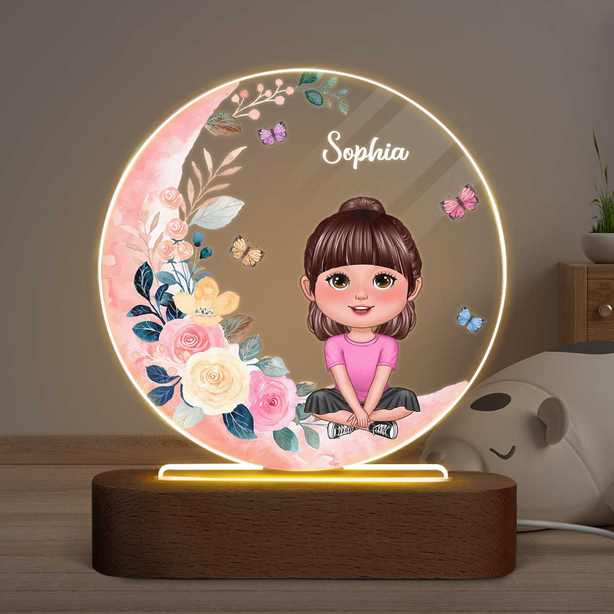 Baby Girl Gift Watercolor Flower Moon Personalized Circle Acrylic LED Night Light