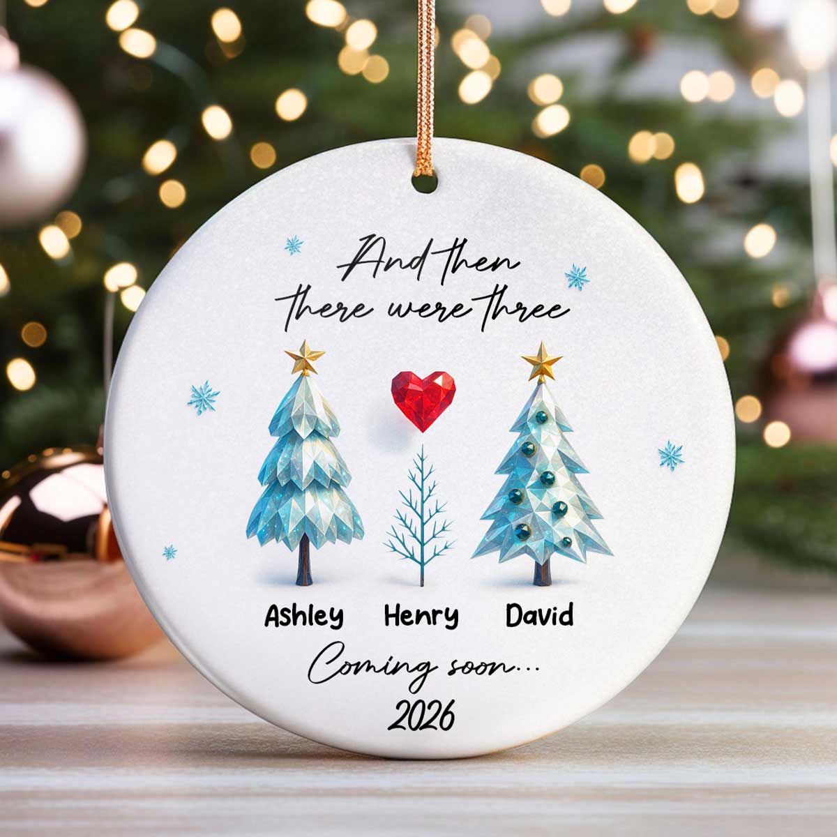And Then There Were Three Expecting Baby Crystal Pattern - Personalized Ceramic Orrnament - Special Christmas Gift For Expecting Parents