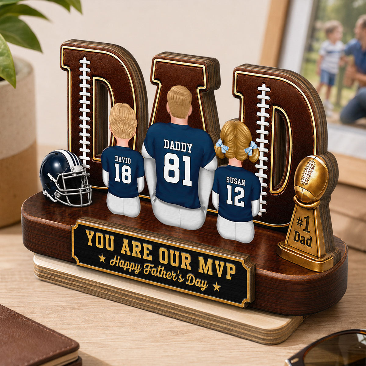 American Football Dad Legend Daddy's Dream Team - Personalized 2-Layered Wooden Plaque - Unique Trending Father's Day Gift For Dad, Husband, Football Fans