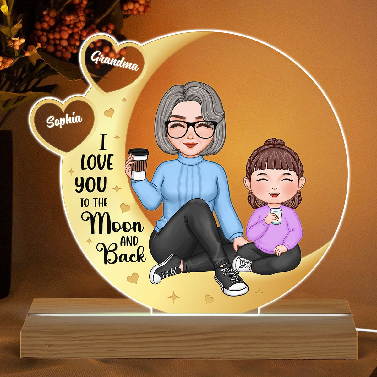 Love You To The Moon Yellow Moon Hearts Cute Grandma & Grandkid Sitting Personalized Acrylic Plaque With LED Night Light