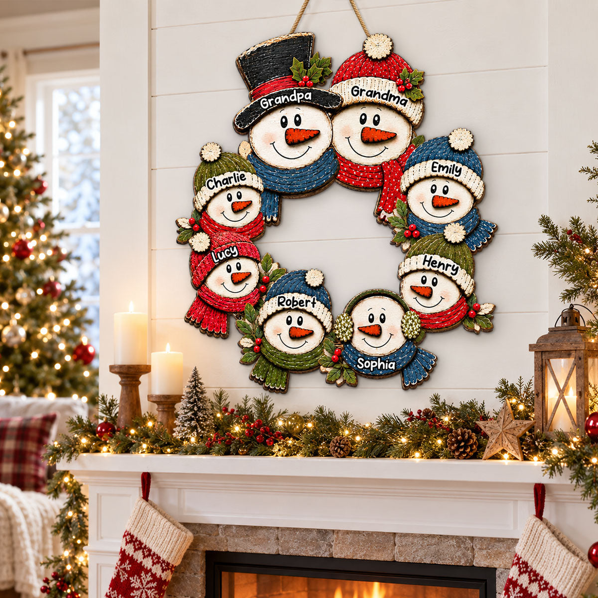 Grandpa Grandma Snowman Wreath - Personalized Wood Sign - Christmas Decoration For Porch, Window, Door