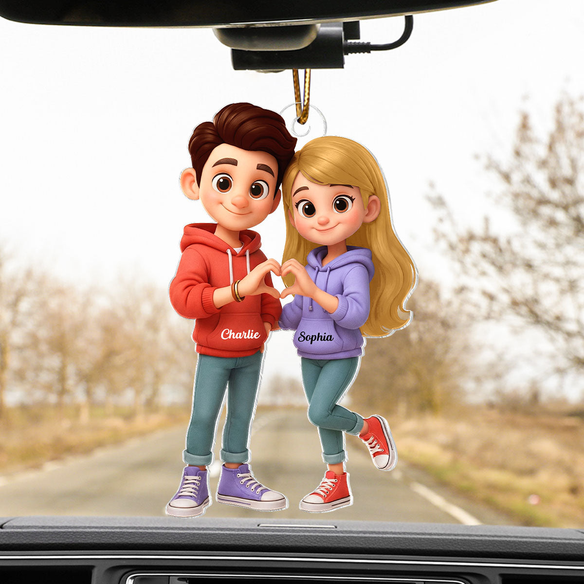 Cute Cartoon Couple Heartfelt Moment - Personalized Acrylic Car Hanger - Sentimental Gift for him, for her