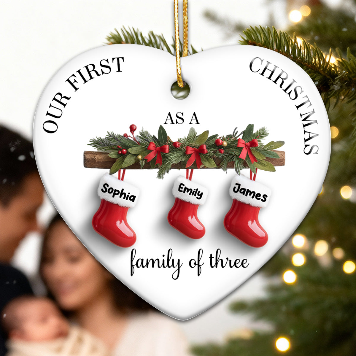 Family First Christmas Stockings 3D Effect - Personalized Ceramic Ornament - Christmas Tree Decor For Family