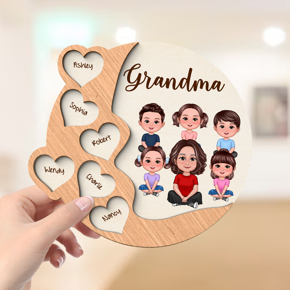 Grandma Mom Crossed Legs Hearts Woman Face Personalized 2-layer Wooden Plaque