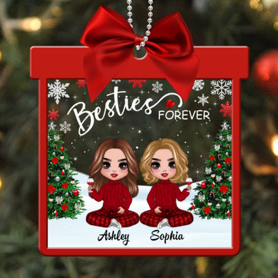 Doll Besties Sisters Sitting In Gift Shape Personalized Acrylic Ornament