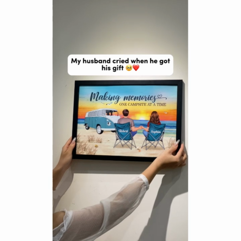 Back View Couple Camping Beach Landscape Personalized Horizontal Poster