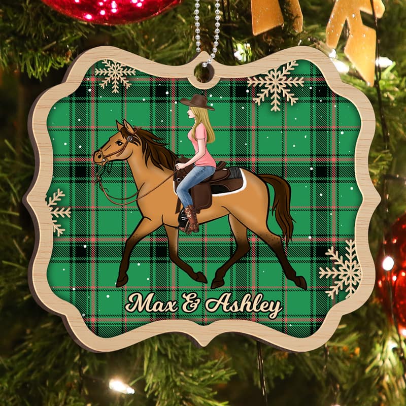Girl Riding Horse Checkered Personalized Wooden Ornament