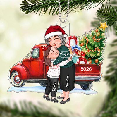 Grandma & Grandkid Hugging By Christmas Truck Personalized Acrylic Ornament