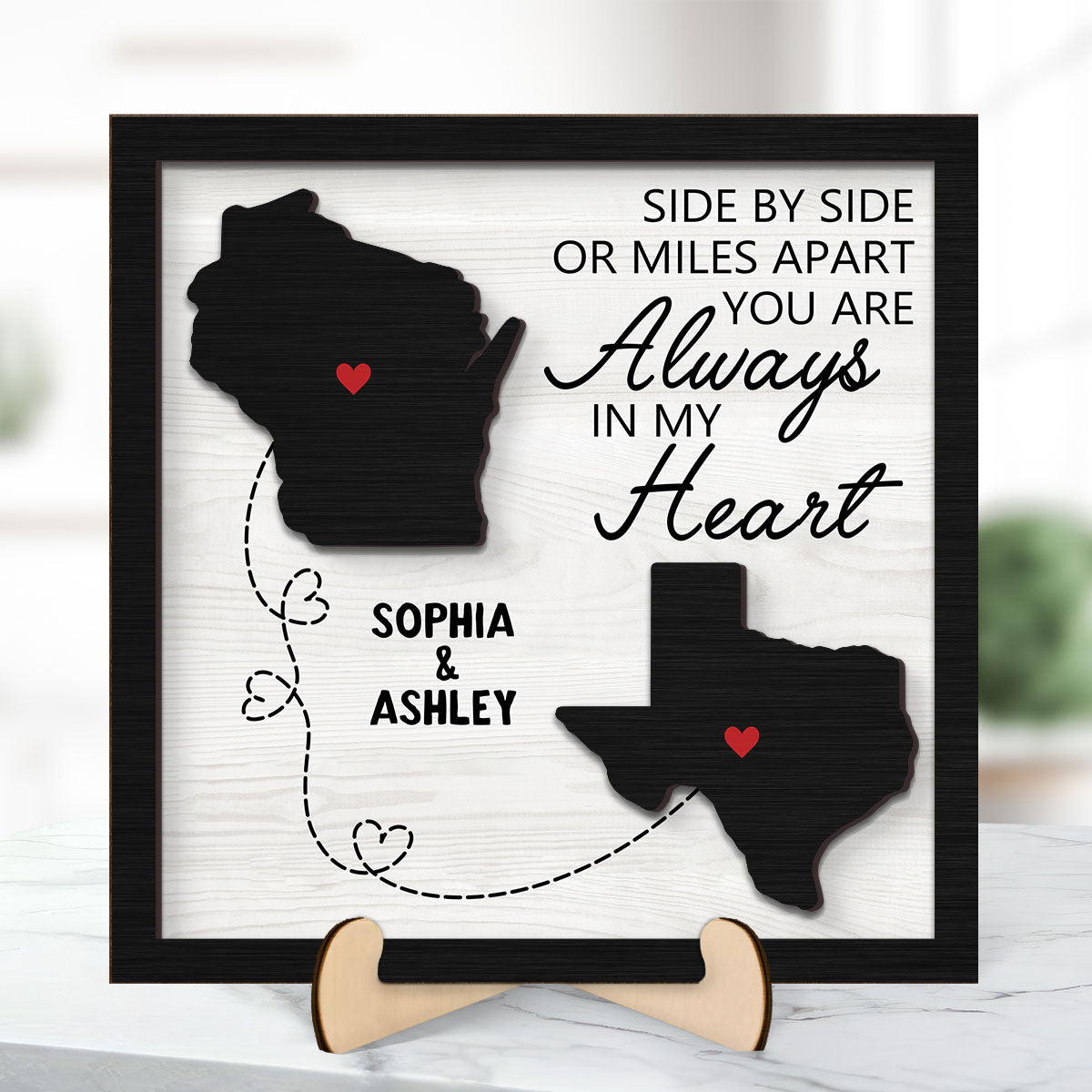 Long Distance Family Friendship State Map Personalized 2-Layer Wooden Plaque, Togetherness Christmas Gift