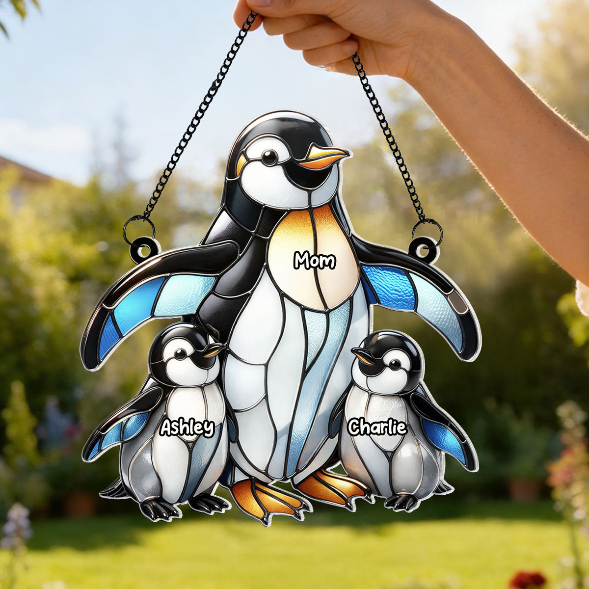 Penguin Mom and Kids - Personalized Acrylic Window Hanging - Mother's Day Gift for Mom, Wife