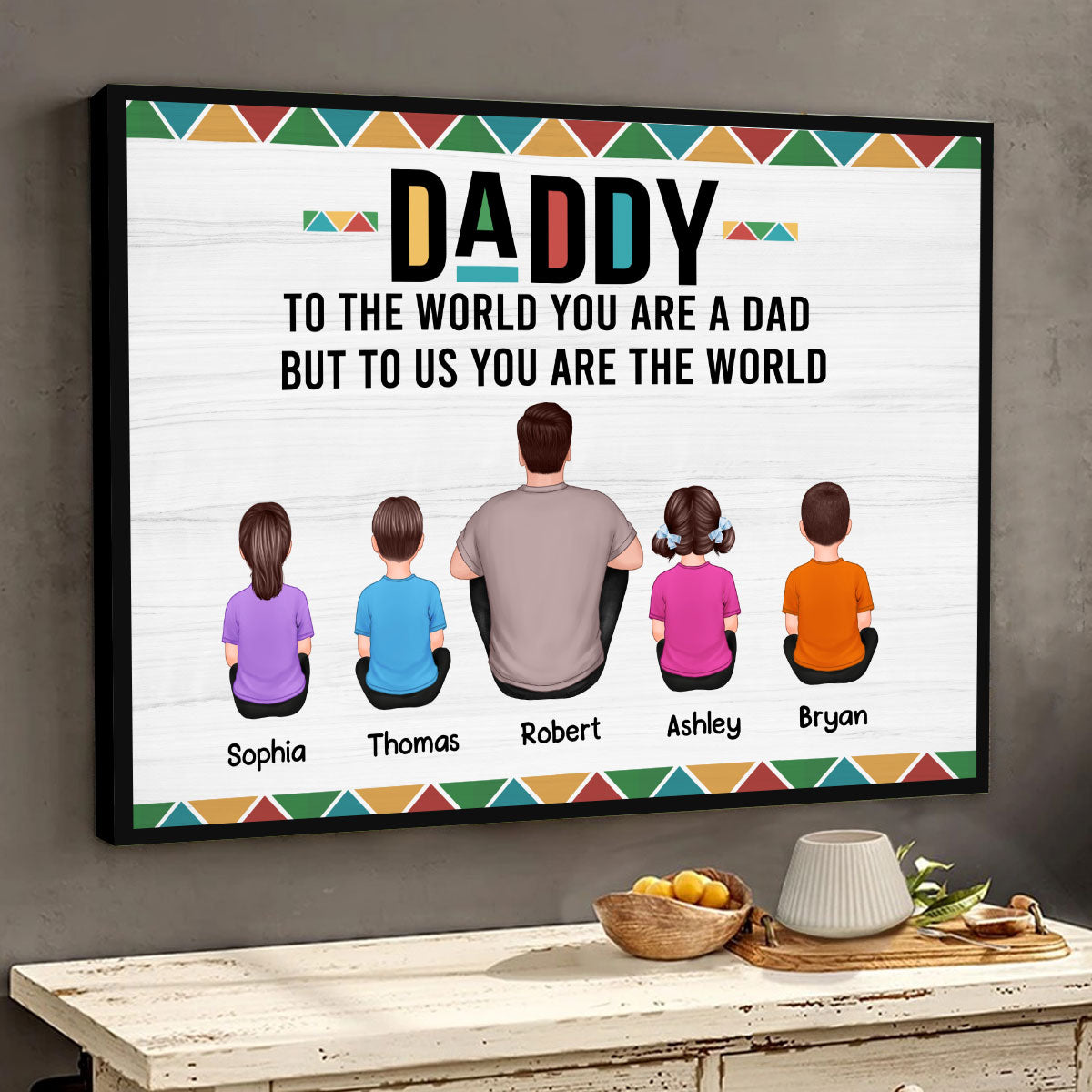 Dope Black Dad Colorful Pattern Man & Kids Sitting Back View Personalized Horizontal Poster