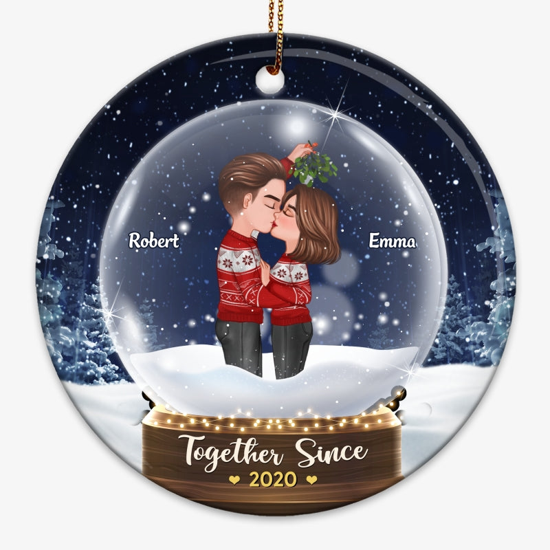 Couple Under Mistletoe Snow Globe Personalized Circle Ornament