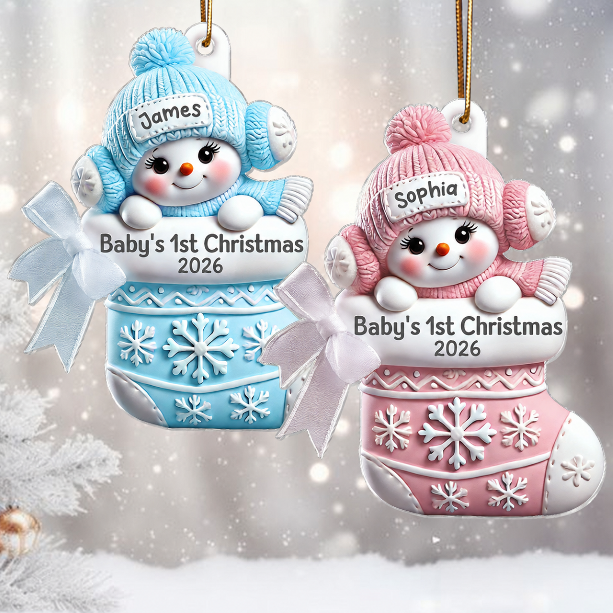 3D Effect Snowbaby On Stocking Baby's 1st Christmas Keepsake Personalized Acrylic Flat Ornament