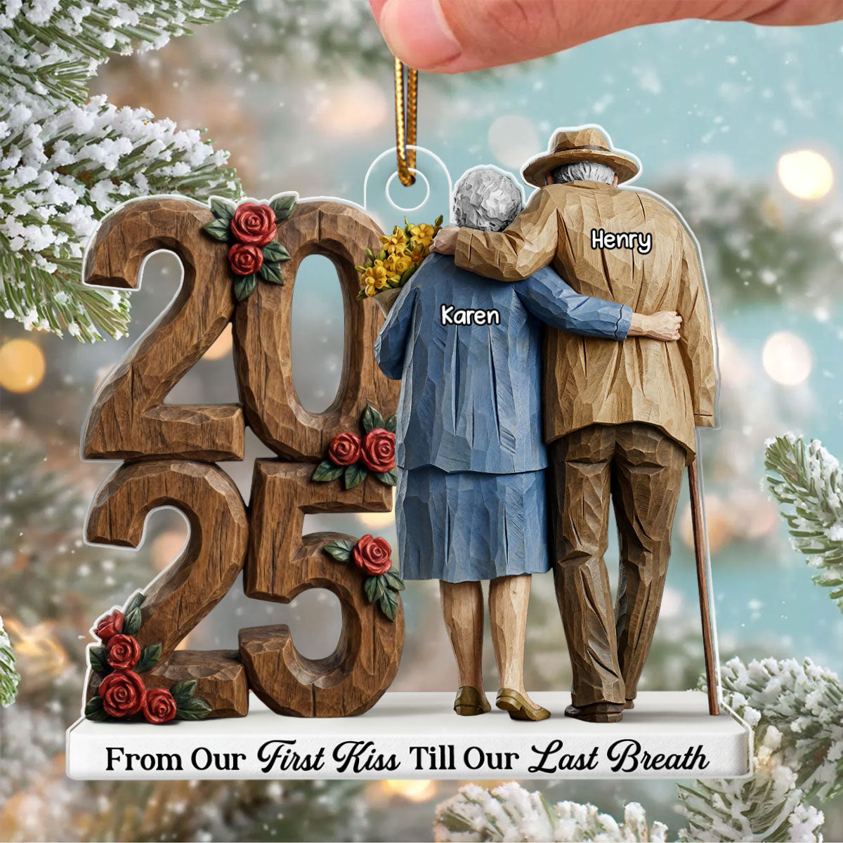 Old Couple Back View Hugging Faux Wood - Personalized Acrylic Ornament - Heartwarming Christmas Gift For Him, For Her, For Couple