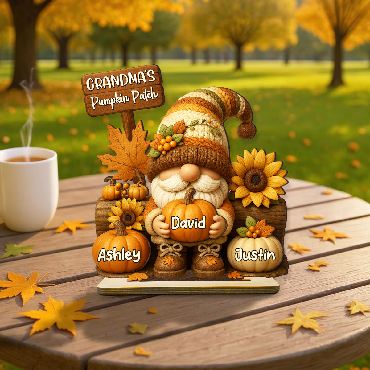 Gnome Grandma's Pumpkin Patch Personalized Standing Wooden Plaque, Fall Decor for Grandma