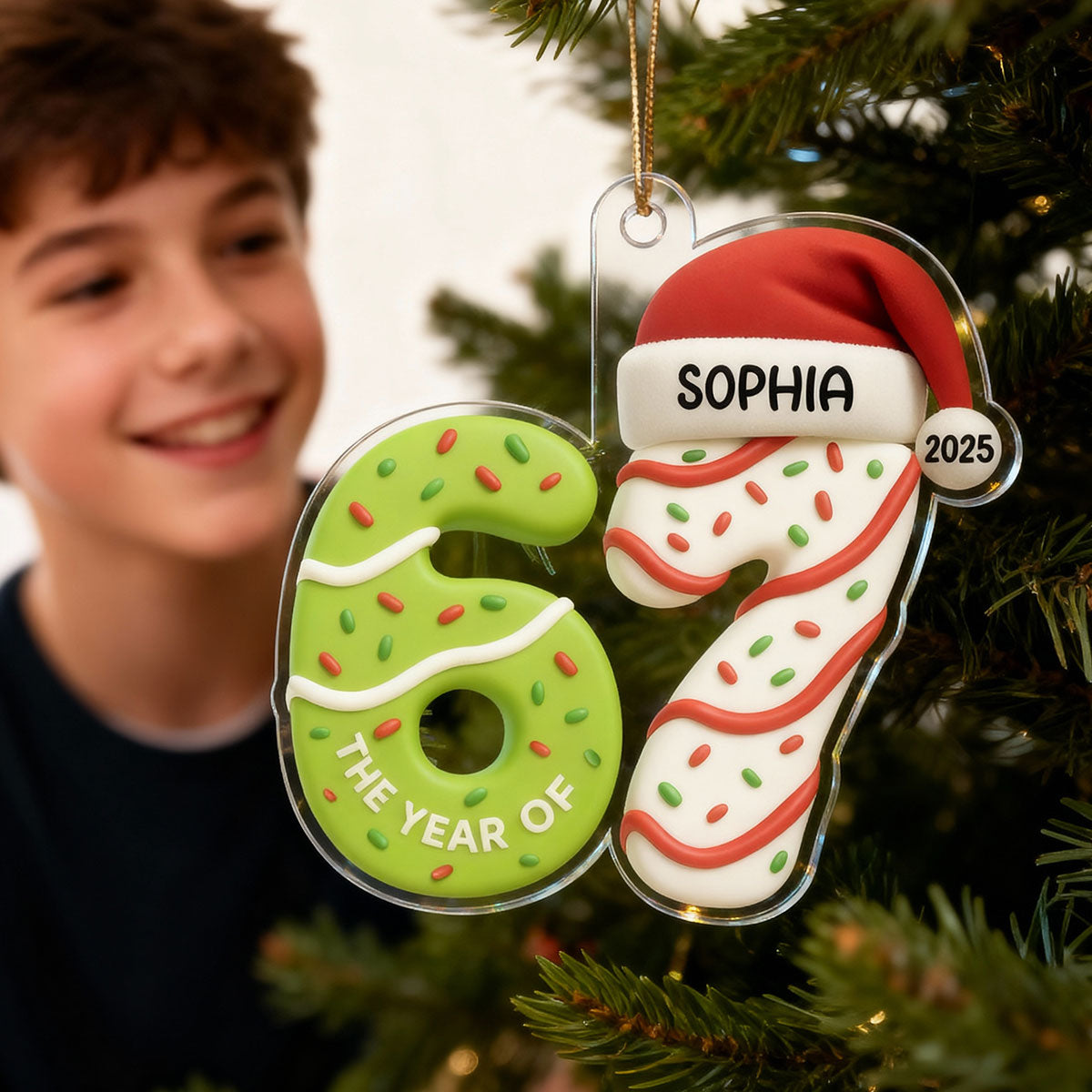3D Effect 67 Six Seven 2025 Slang Signature Christmas Pattern - Personalized Acrylic Ornament - Funny Christmas Gift For Teen, Grandkid, Gen Alpha
