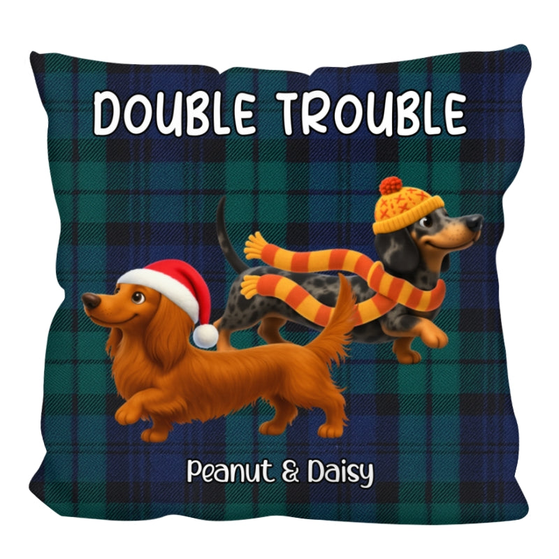Christmas Dachshunds Double Trouble - Personalized Pillow - Gift For Dachshund Lovers