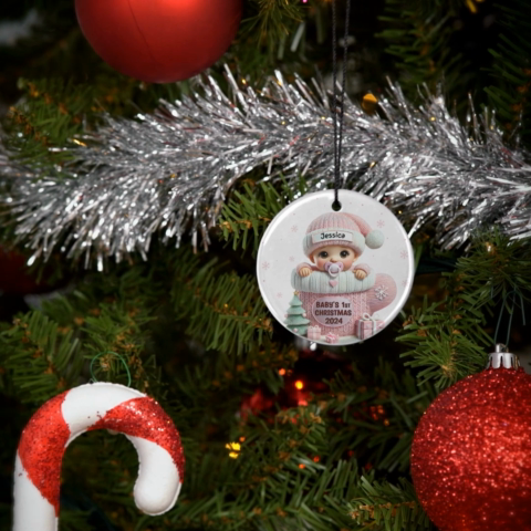 Baby In Mitten 3D Effect Baby's First Christmas Personalized Ceramic Flat Ornament