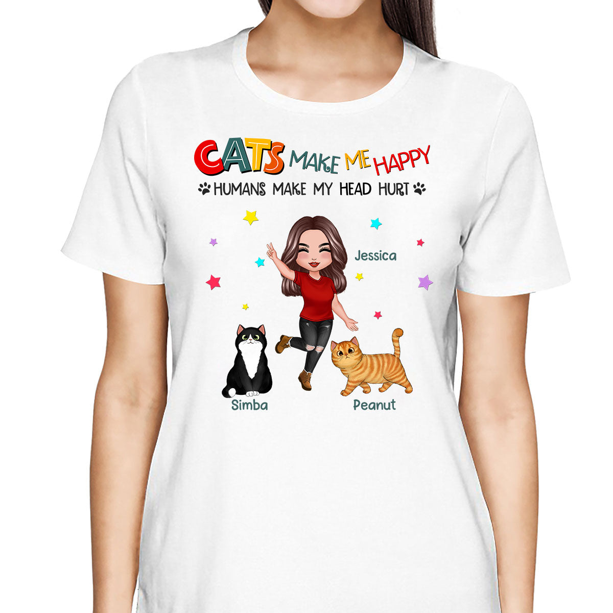 Cats Make Me Happy Fluffy Cat & Doll Girl Personalized Shirt