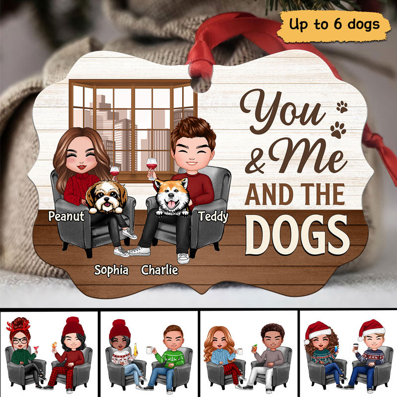Couple And Dogs Sitting On Chair Personalized Christmas Ornament