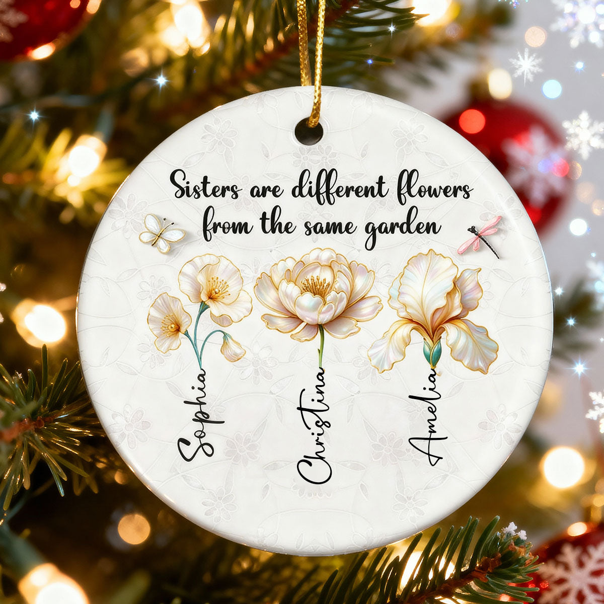 3D Effect Birth Flowers Sisters From The Same Garden - Personalized Ceramic Ornament - Birthday Christmas Just Because Gift For Sisters, Besties