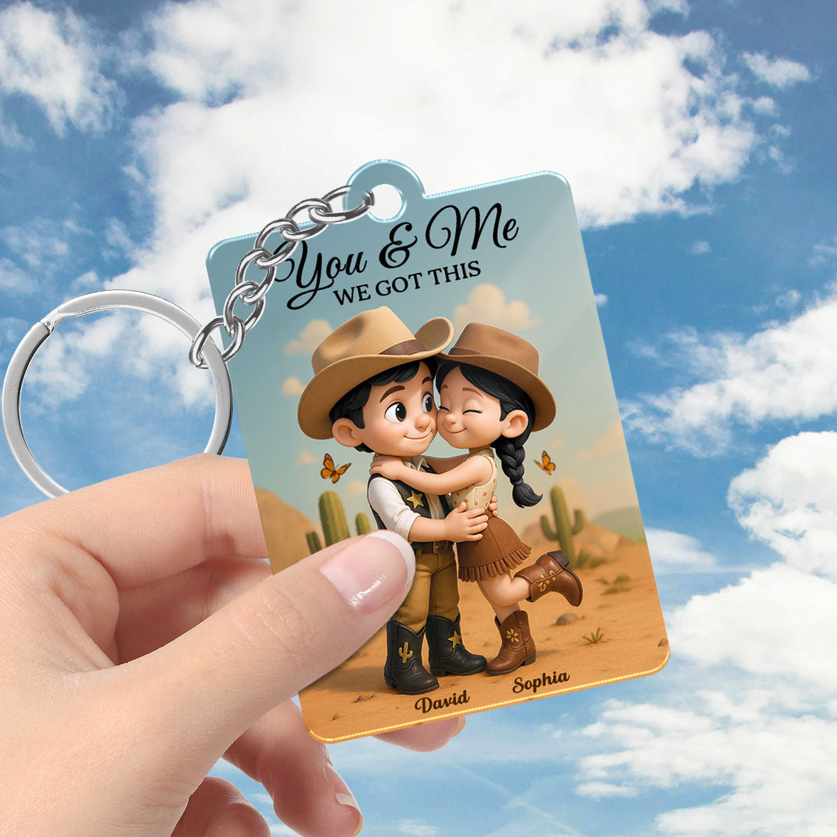 Cartoon Style Countryside Couple Cowboy Cowgirl Favorite Song QR Code Personalized Acrylic Keychain