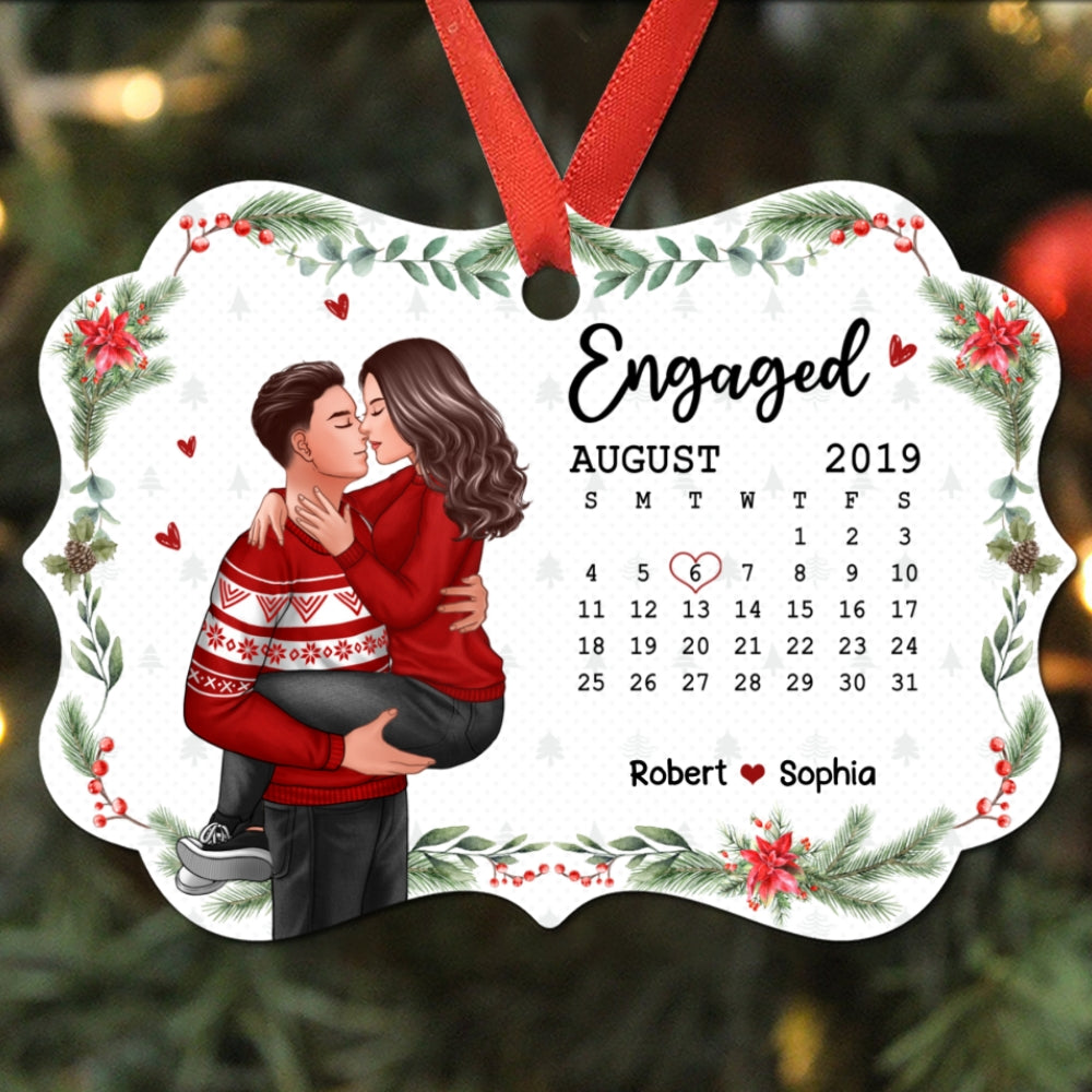 Christmas Engaged Married Couple Man Holding Woman Kissing Anniversary Date Calendar Personalized Christmas Ornament