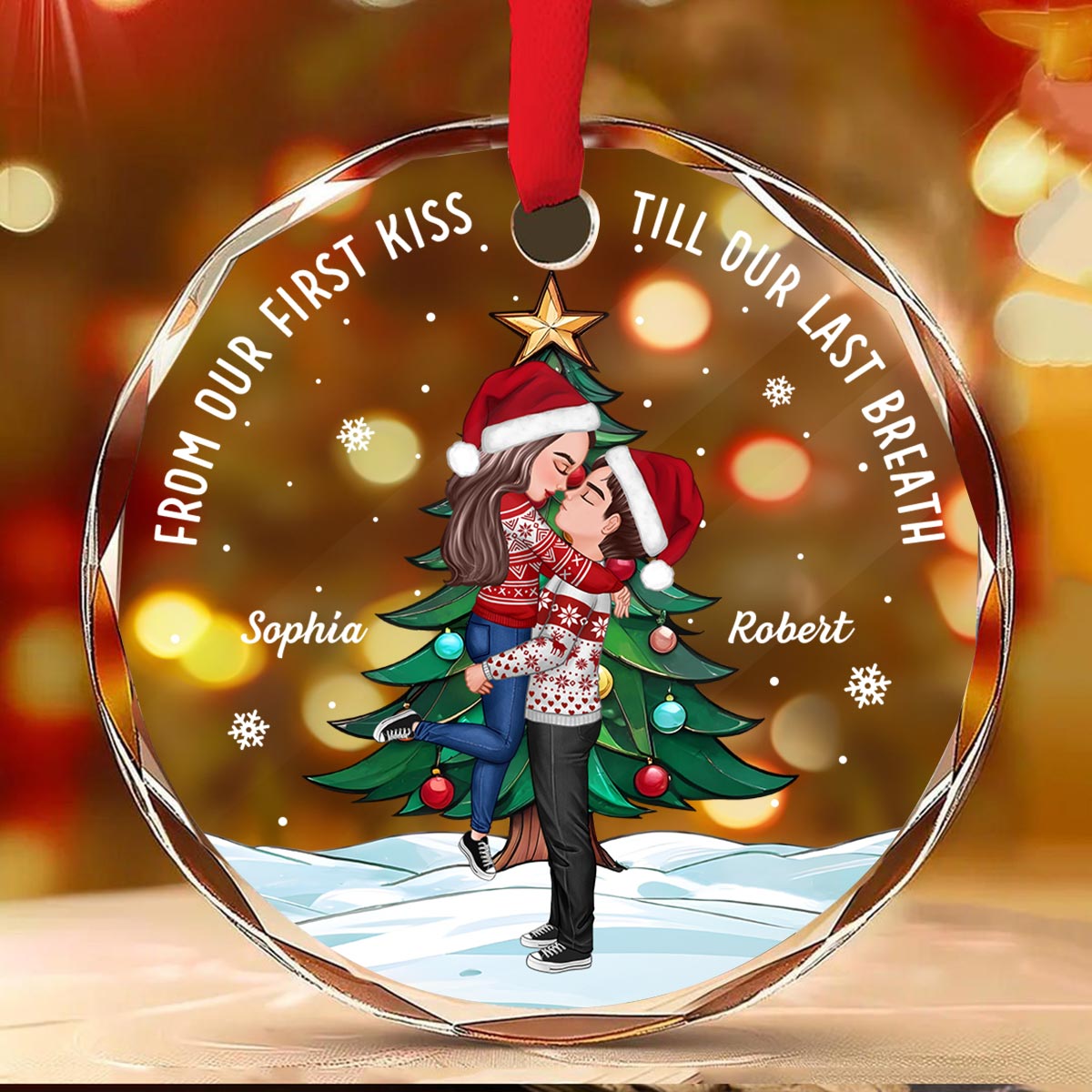 Couple Hugging Kissing Christmas Tree Personalized Glass Ornament, Christmas Gift For Him, For Her
