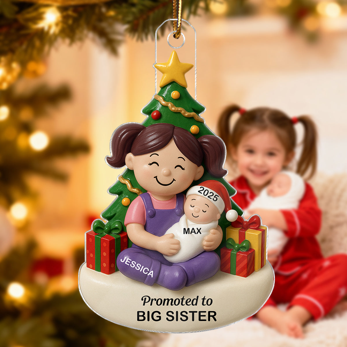 Proud New Big Sister Big Brother Under Tree - Personalized Acrylic Ornament - New Big Sibling Christmas Gift