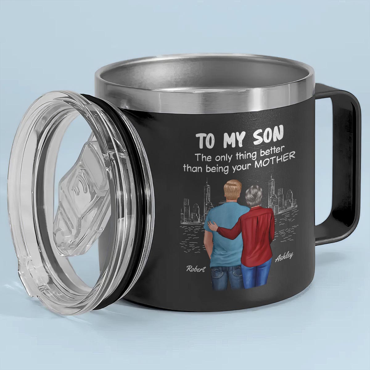 From Mom Dad To Son Watching You Be A Dad Personalized Stainless Steel Tumbler With Handle, Gift For Son