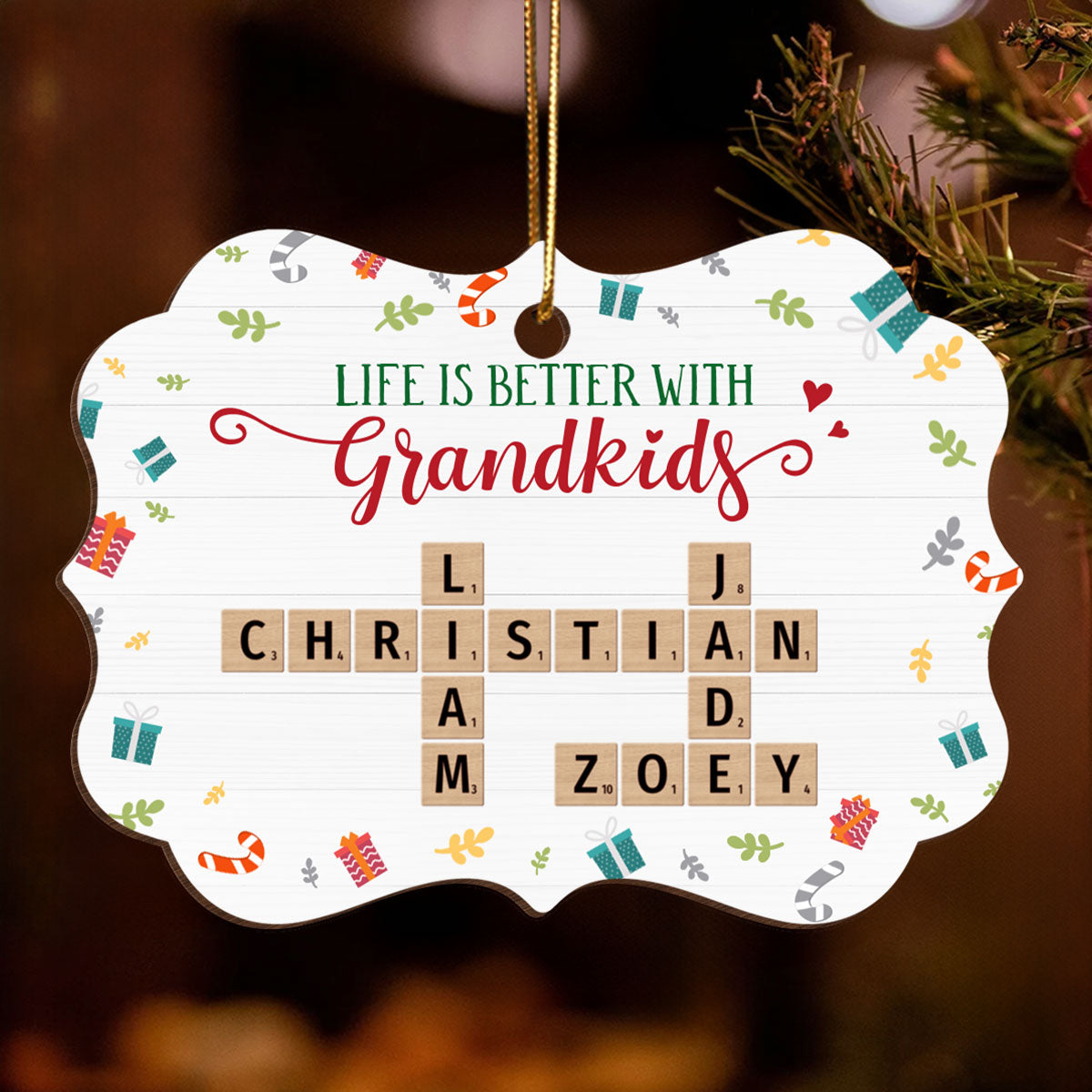 Life Is Better With Grandkids Crossword Puzzle Personalized Wooden Ornament, Christmas Gift for Grandma, Grandkids