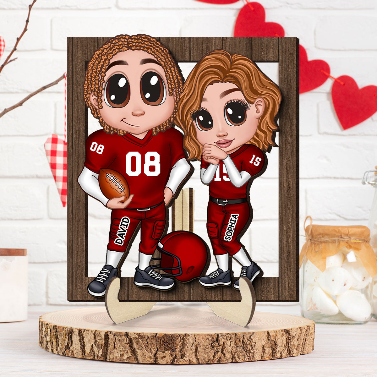 American Football Couple Y2K Style Frame Personalized 2-Layer Wooden Plaque,  Gift For Couples