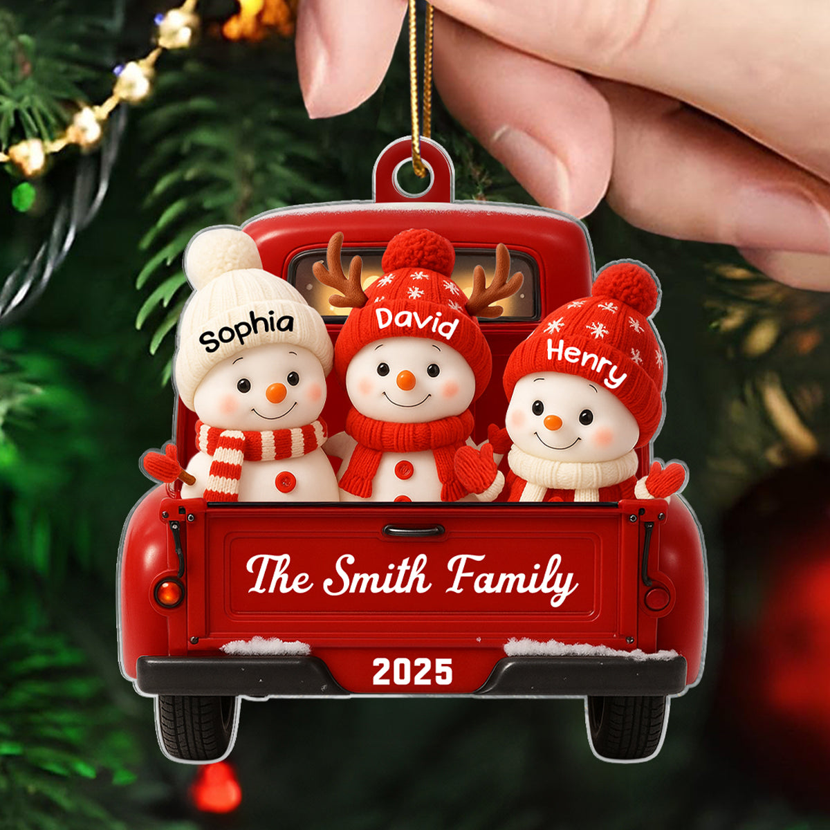 Family Snowman on Christmas Truck Personalized Acrylic Ornament, Red Truck Christmas Gift for Family