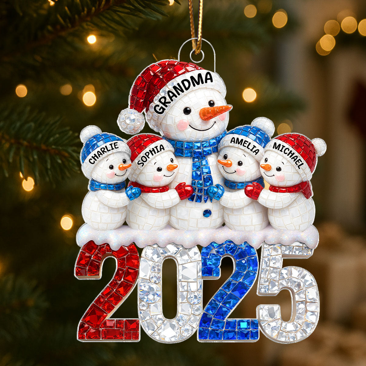 3D Rhinestone Effect Snowman Grandma Grandkids - Personalized Acrylic Ornament - Christmas Gift for Grandmas