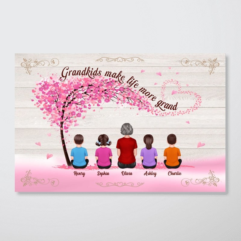 Grandma Grandkids Sitting Under Pink Tree Mother‘s Day Gift For Grandma Personalized Horizontal Poster