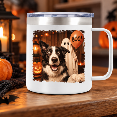 Custom Dog Cat Photo Halloween - Personalized Stainless Steel Tumbler With Handle - Trendy Vintage Spooky Tee for Pet Moms