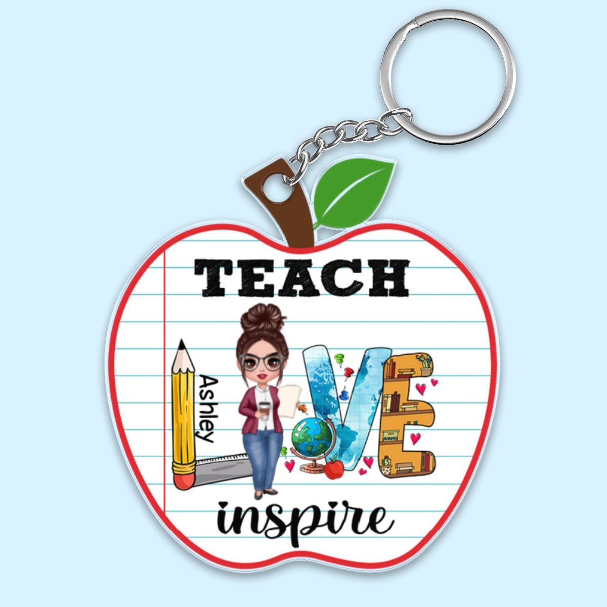 Teach Love Inspire Doll Teacher Personalized Apple Shaped Acrylic Keychain