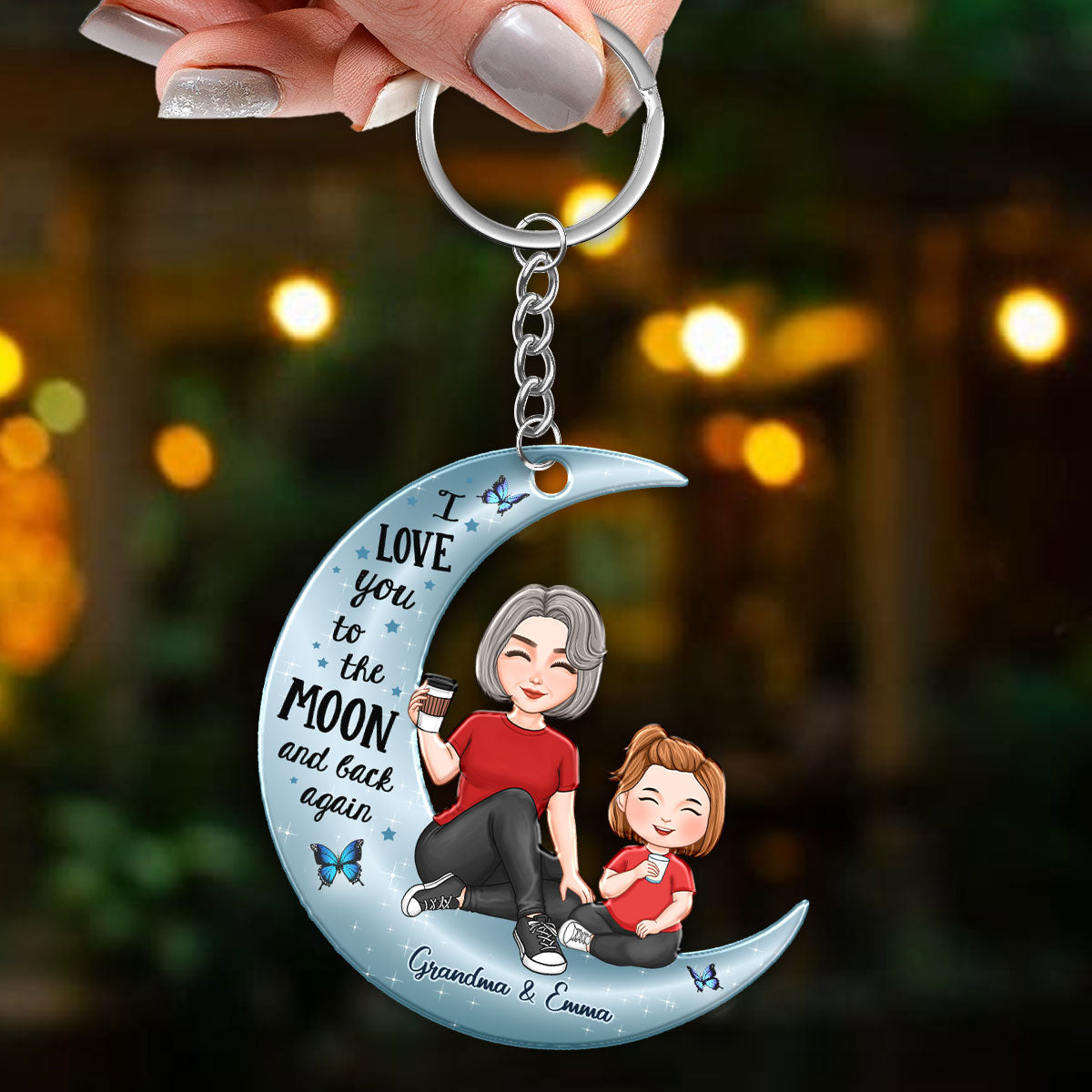 Cute Grandma & Grandkid On Moon Personalized Acrylic Keychain