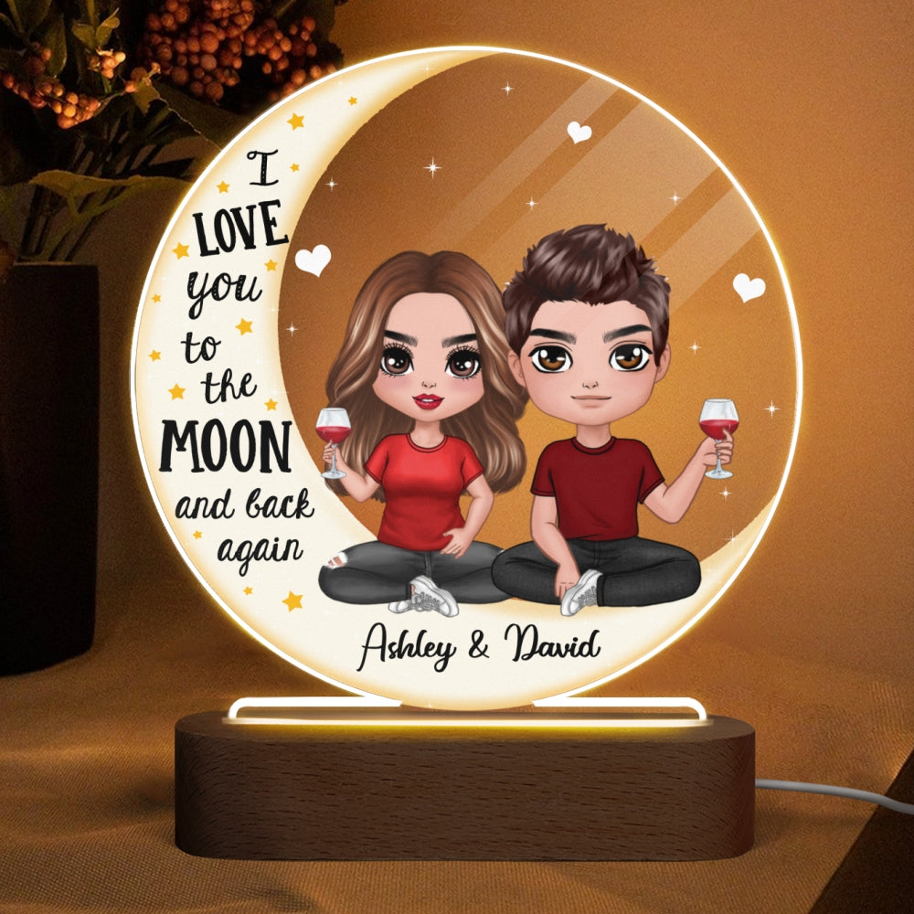 Love You To The Moon Doll Couple On Moon Personalized Circle Acrylic Plaque With LED Night Light - Valentine‘s Day Gift - Anniversary Gift For Her - Gift For Him