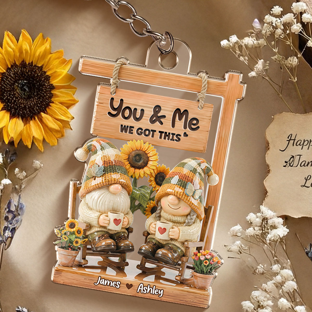 3D Effect Gnome Couple Sitting On Rocking Chair - Personalized Acrylic Keychain - Anniversary, Valentine's Day Gift For Him, Gift For Her