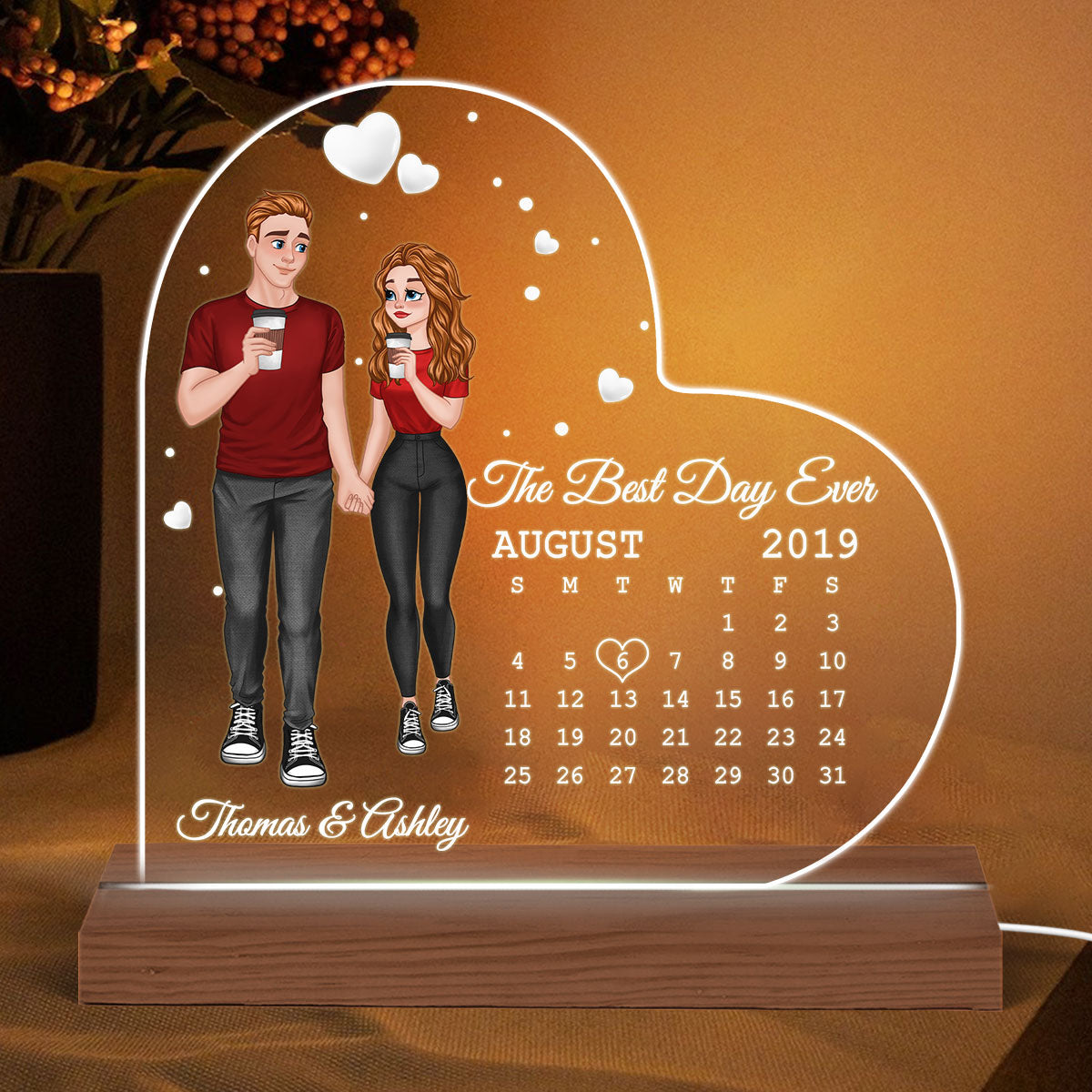 Cartoon Couple Hand In Hand Calendar Anniversary Date Personalized Heart Shaped Acrylic Plaque With LED Night Light