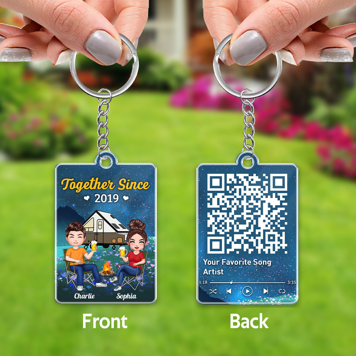 Doll Couple Camping Favorite Song QR Code Personalized Acrylic Keychain