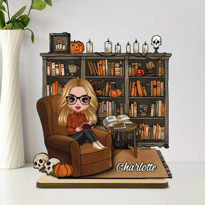 3D Effect Fall Season Girl Reading Book Personalized 2-Layer Standing Wooden Plaque, Gift For Book Lovers