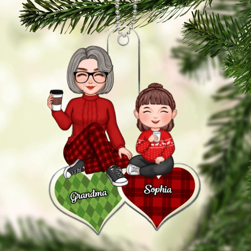 Cute Grandma Grandkid Sitting On Checkered Pattern Hearts Gift For Granddaughter Grandson Personalized Acrylic Ornament