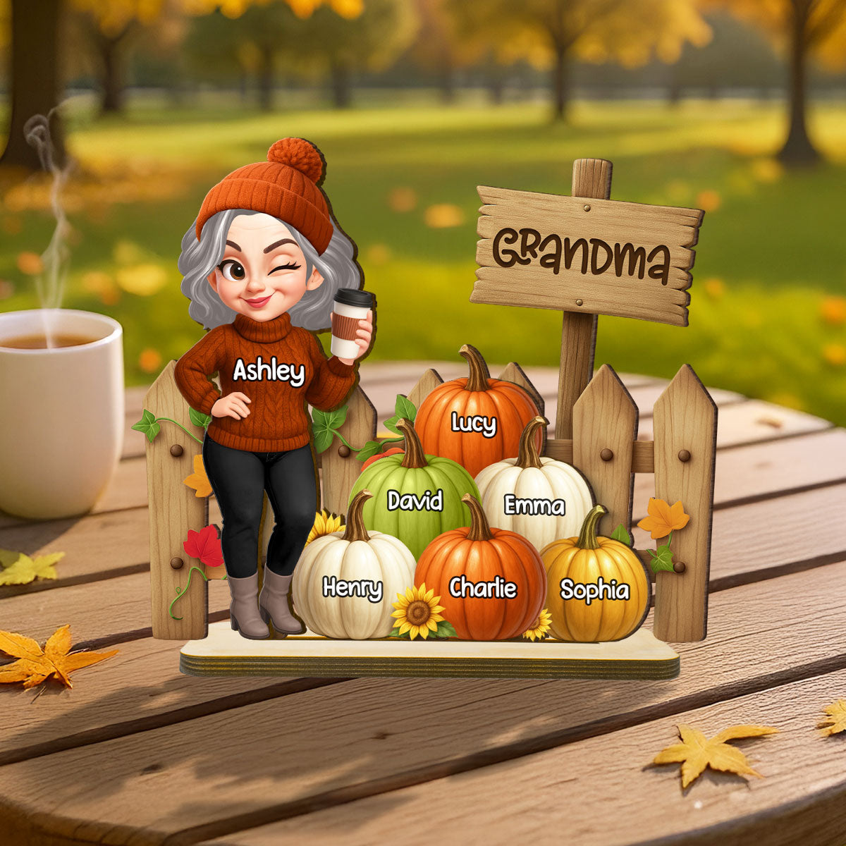 Grandma Fall Season Standing At Fence Pumpkins Personalized Standing Wooden Plaque