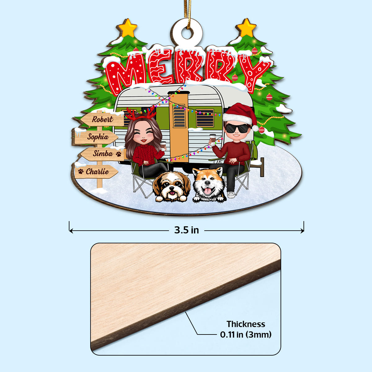 Couple And Dogs Camping Merry Christmas Personalized Wooden Ornament